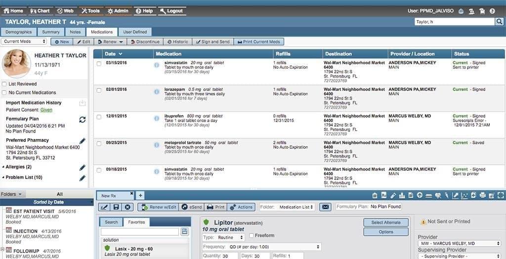 Screenshot of AdvancedMD showing a patient's medication history, refills, destination, provider/location, and status.