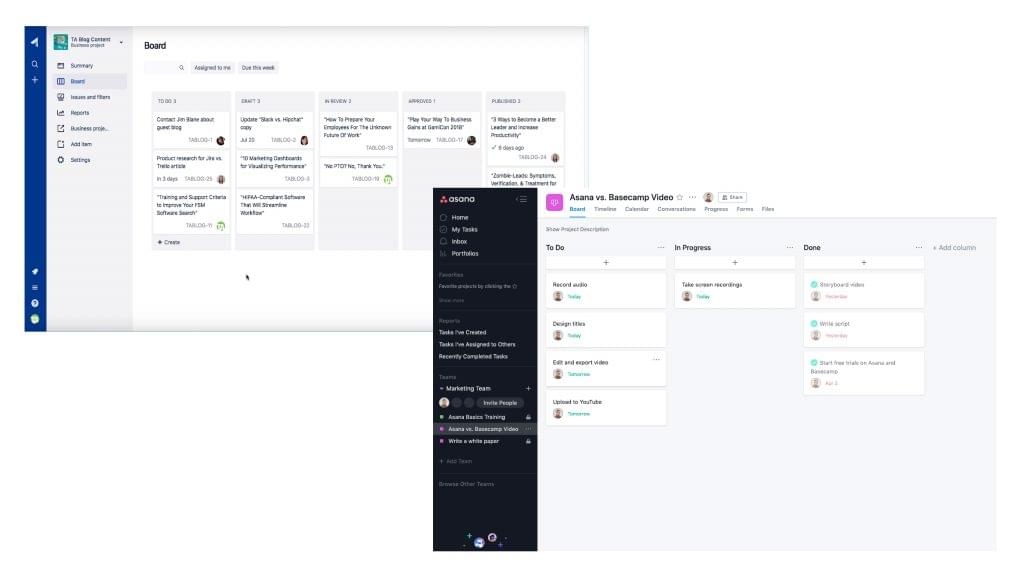 Screenshots comparing the issue tracking features in Asana vs. Jira.