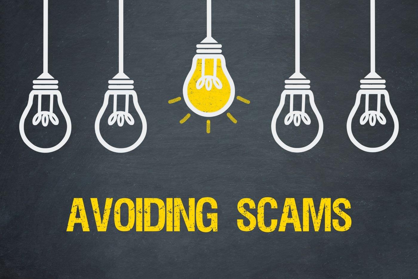 5 hanging lightbulbs with the middle one illuminated and the caption "avoiding scams"