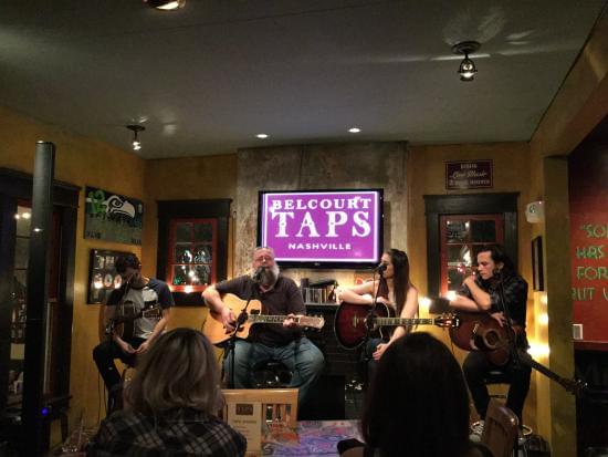 Photo of a songwriters round at Belcourt Taps in Nashville.