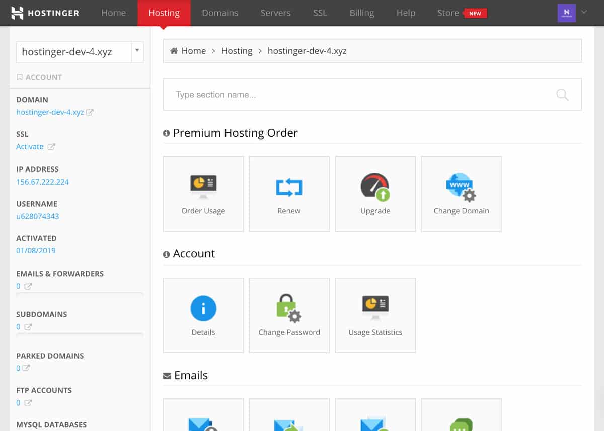 Hostinger web hosting dashboard.