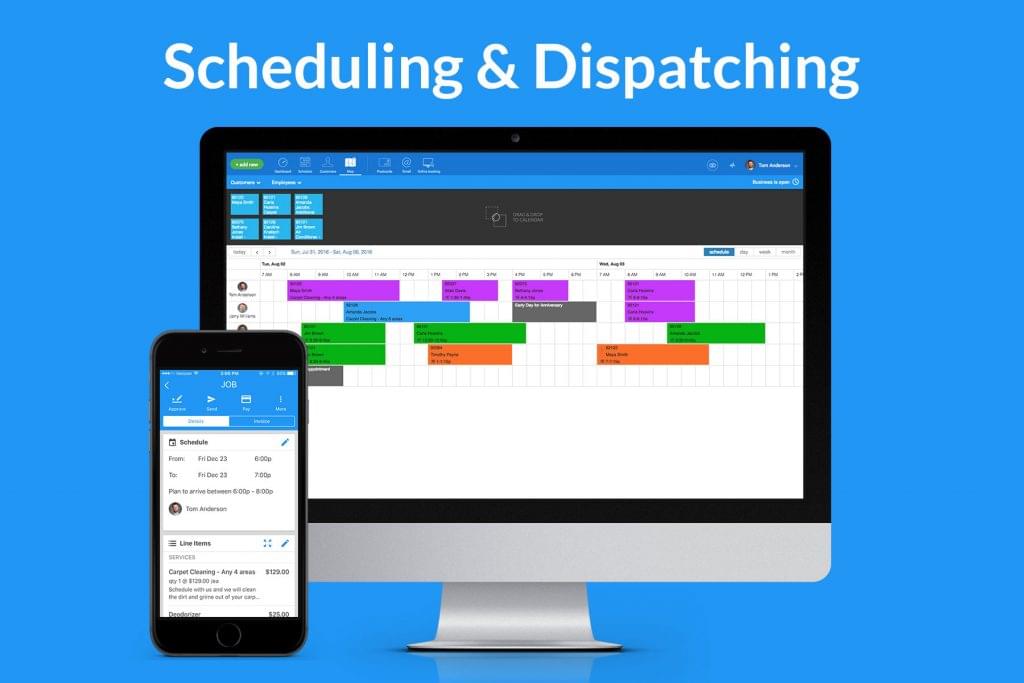 Screenshot of the scheduling and dispatching view for the desktop and mobile versions of Housecall Pro.