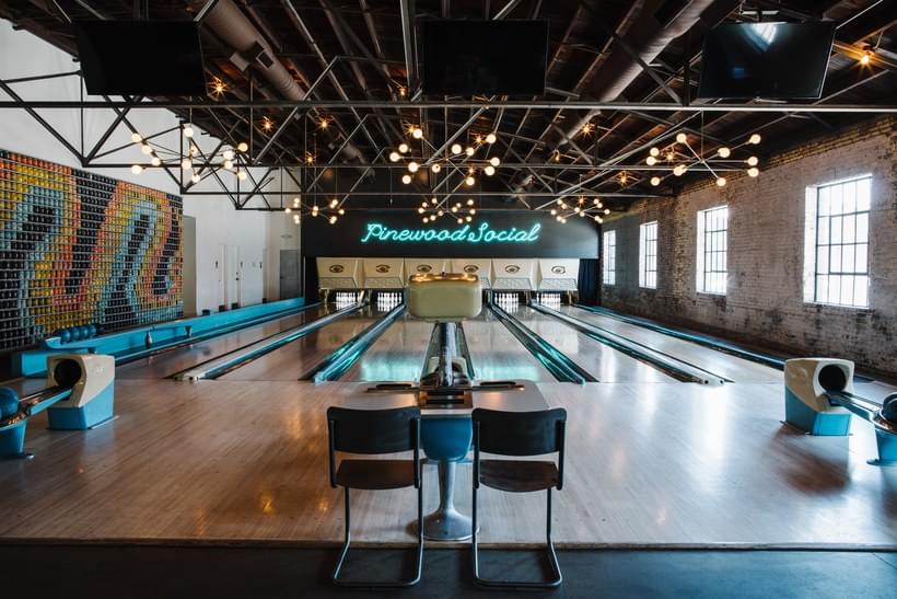 Photo of the bowling alley at Pinewood Social in Nashville.