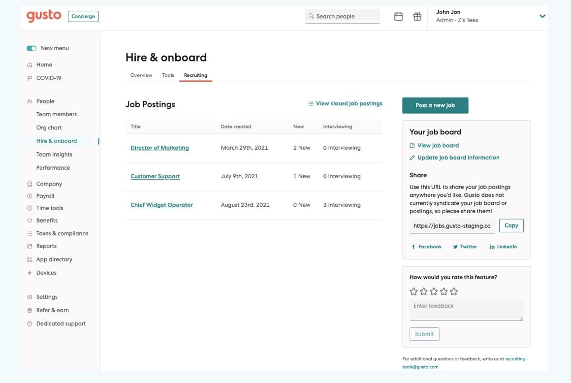 Gusto Recruiting is a tool that lets HR admin create job posts and track applicants.