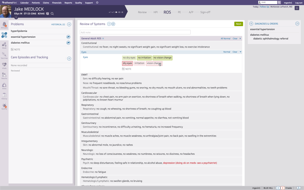 Screenshot of athenahealth practice management software showing patient notes