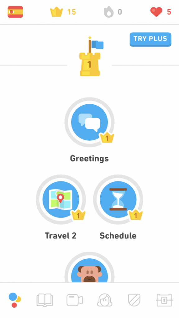 Screenshot of the lessons view in Duolingo for mobile.