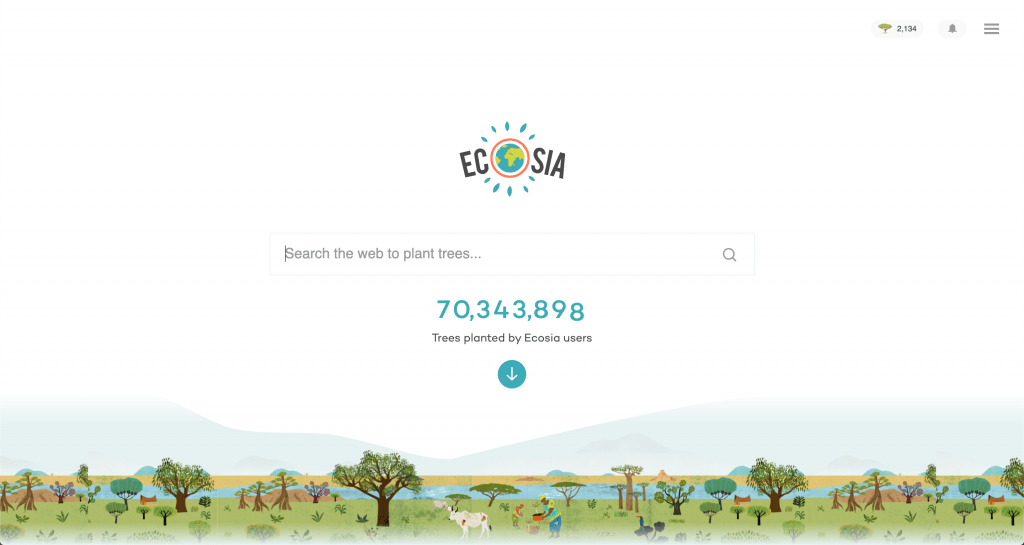 Screenshot of Ecosia's homepage, featuring a search bar.