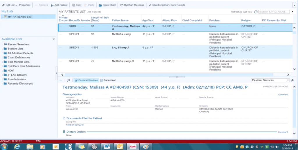 A screenshot of the user interface in Epic EHR.