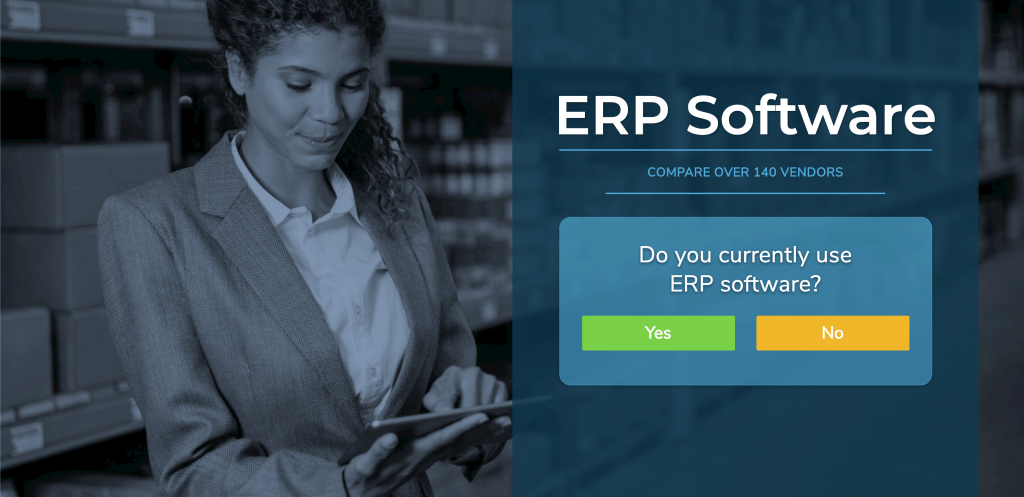 Banner with the text "ERP Software" showing a woman using a tablet at work.