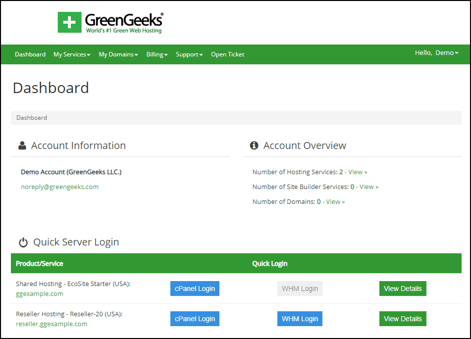 GreenGeeks website hosting dashboard.