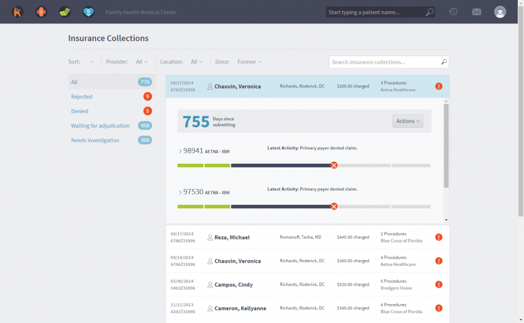 Screenshot of Kareo practice management software showing insurance collections status