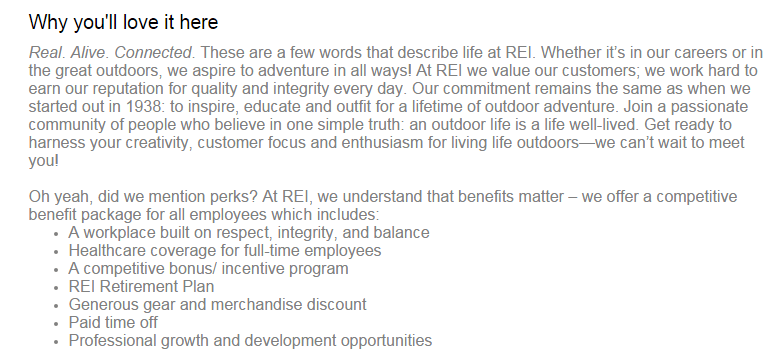 This REI post conveys the company's personality and covers the important benefits they offer. 