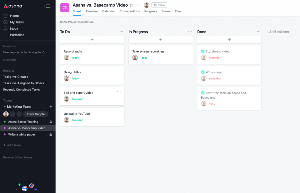 Asana lets you view project tasks in Kanban boards.