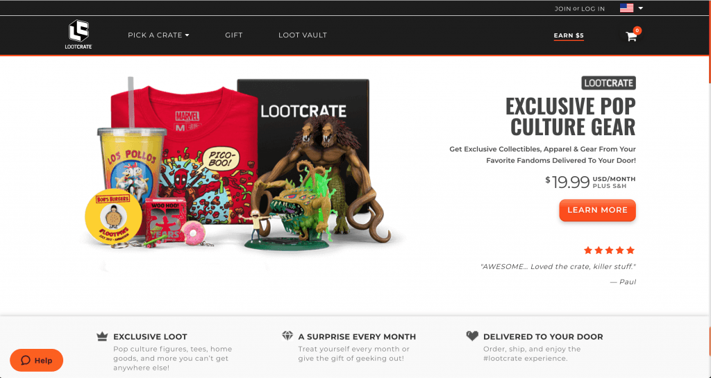 Screenshot of Loot Crate website showing merch from Bob's Burgers, Marvel comics, and Breaking Bad, among others.