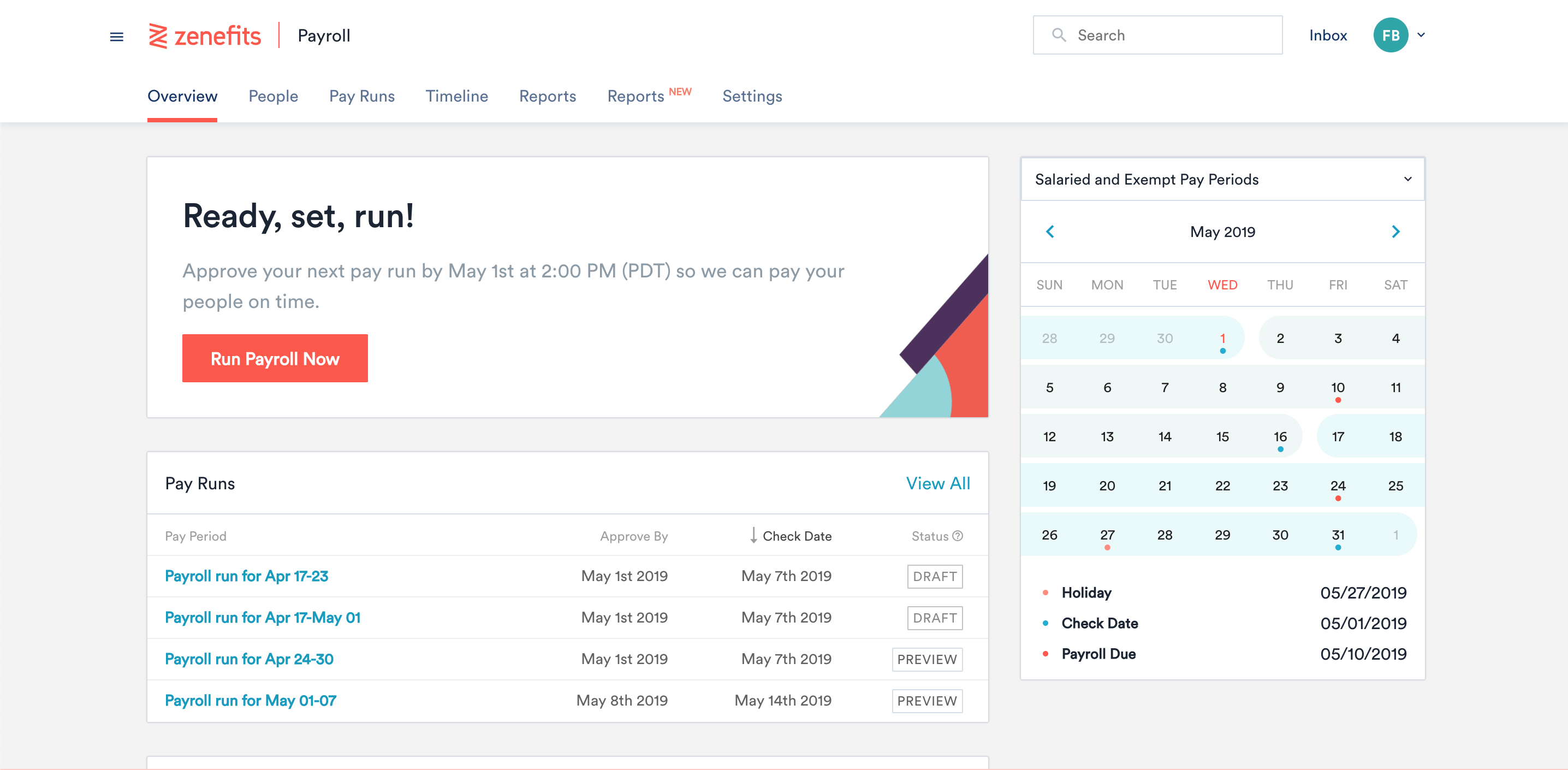 Screenshot of the payroll feature in Zenefits.