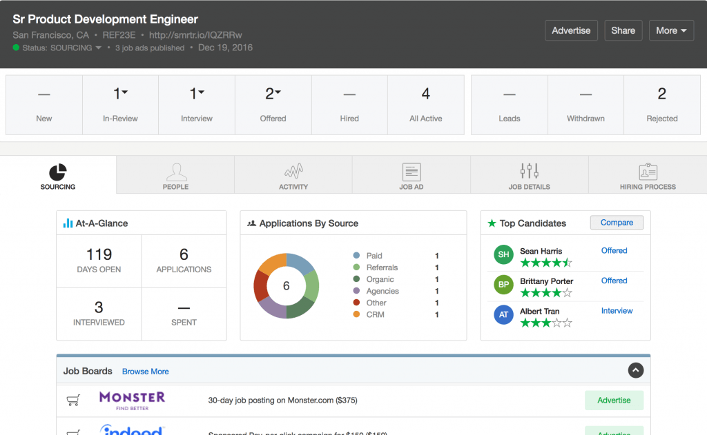 Screenshot of SmartRecruiters candidate view of a senior product development engineer