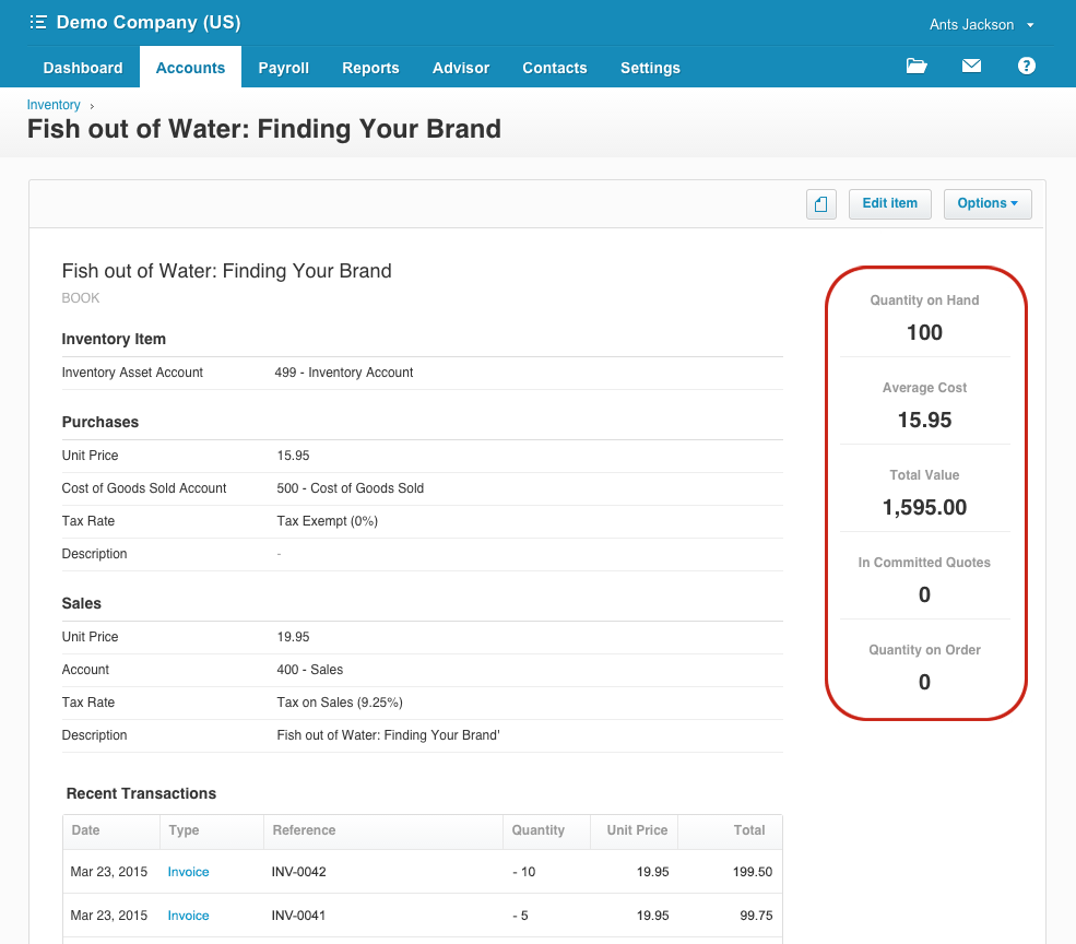 Xero accounting and inventory management software dashboard.