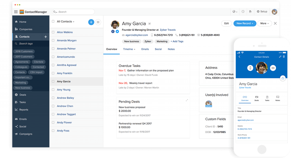 Screenshots showing the contact manager in Zoho for desktop and mobile