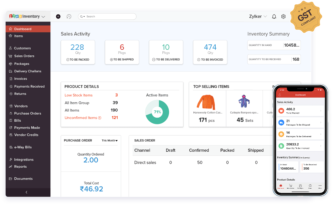 Zoho Inventory management software dashboard.